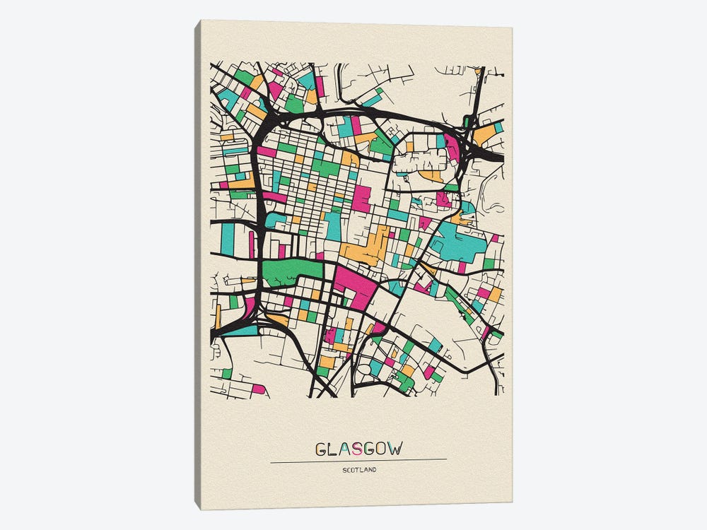 Glasgow, Scotland Map by Ayse Deniz Akerman 1-piece Canvas Artwork