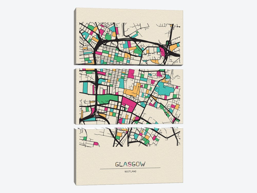 Glasgow, Scotland Map by Ayse Deniz Akerman 3-piece Canvas Artwork
