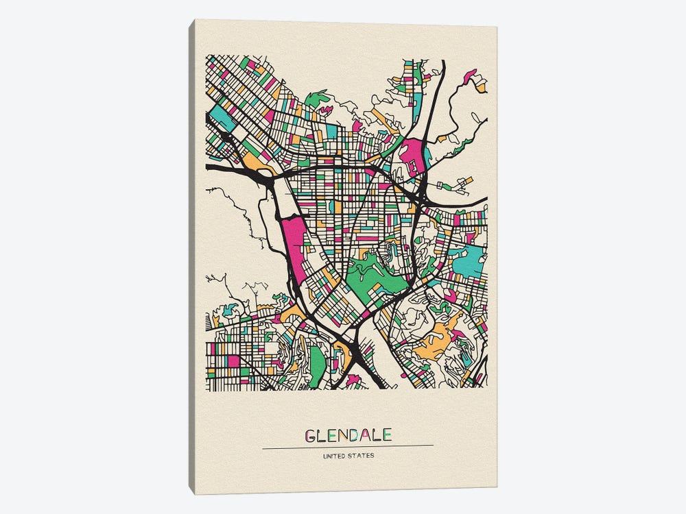 Glendale, California Map by Ayse Deniz Akerman 1-piece Canvas Print