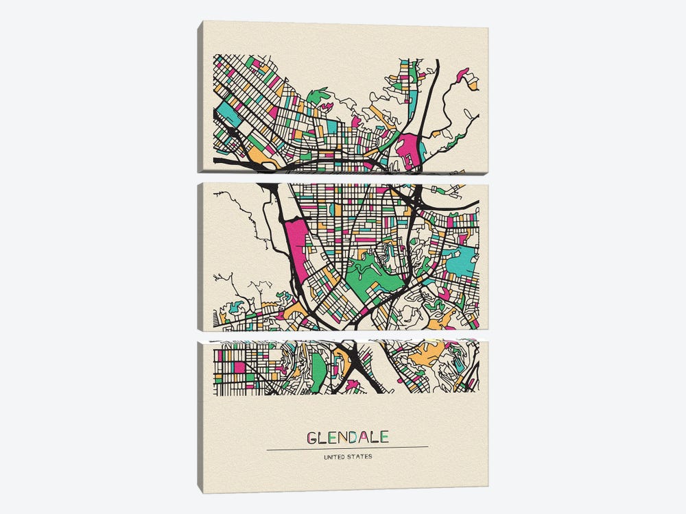 Glendale, California Map 3-piece Canvas Art Print