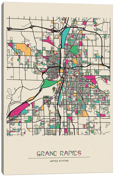 Grand Rapids, Michigan Map Canvas Art Print - Michigan Art