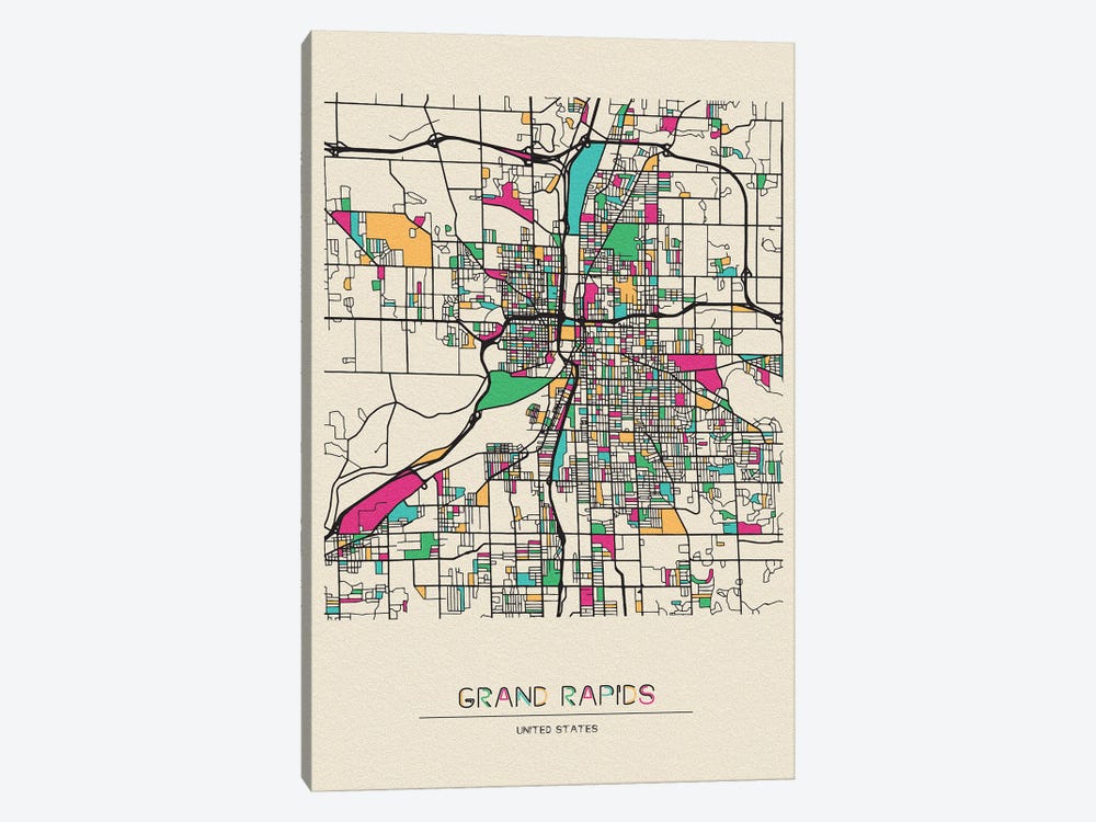 Grand Rapids, Michigan Map by Ayse Deniz Akerman 1-piece Canvas Artwork