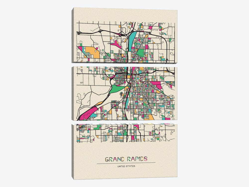 Grand Rapids, Michigan Map by Ayse Deniz Akerman 3-piece Canvas Artwork