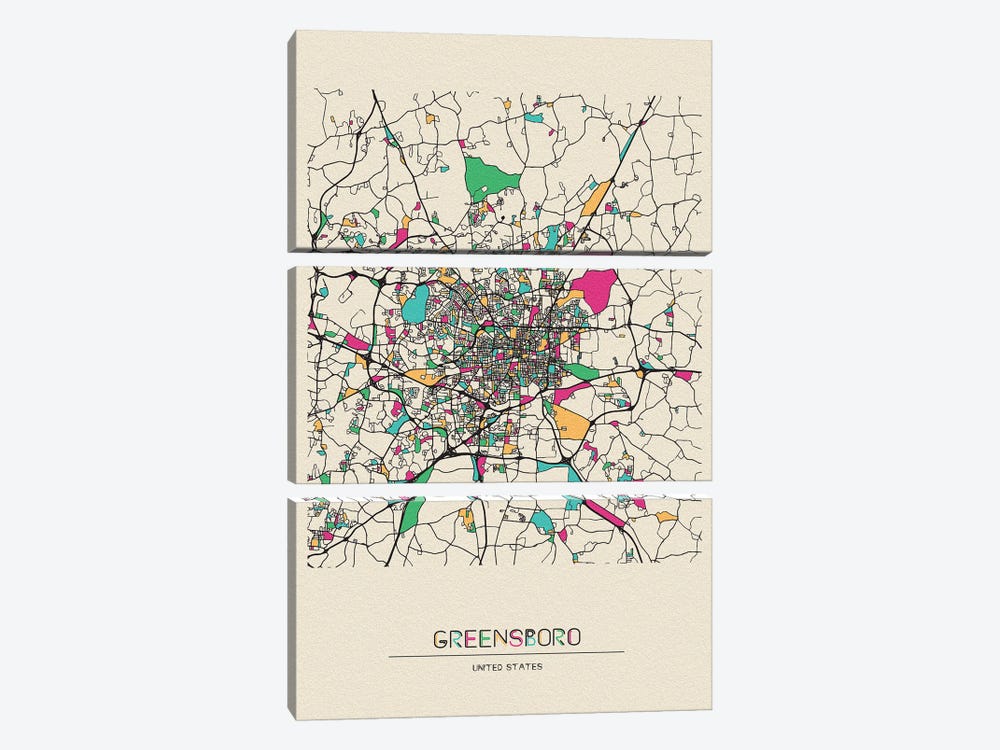 Greensboro, North Carolina Map by Ayse Deniz Akerman 3-piece Canvas Print