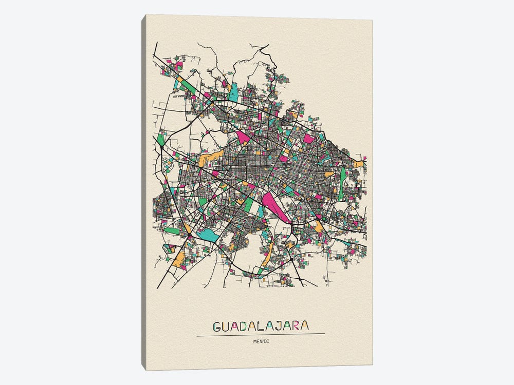 Guadalajara, Mexico Map by Ayse Deniz Akerman 1-piece Canvas Artwork