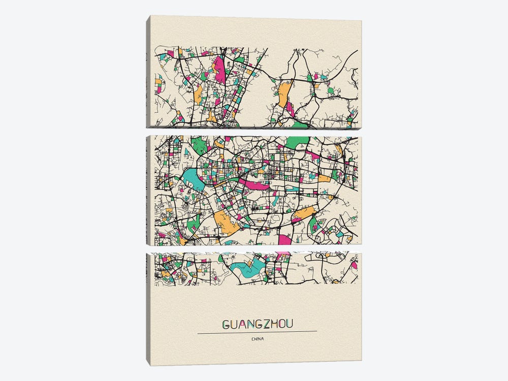 Guangzhou, China Map by Ayse Deniz Akerman 3-piece Canvas Art Print