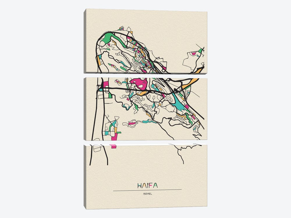 Haifa, Israel Map by Ayse Deniz Akerman 3-piece Art Print