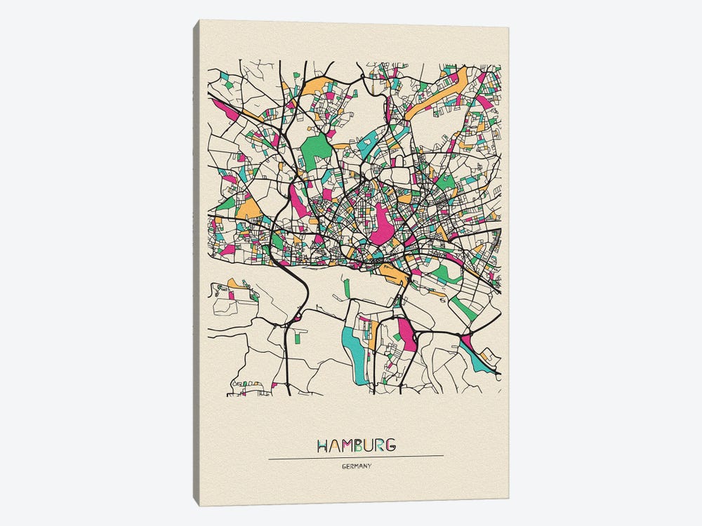 Hamburg, Germany Map by Ayse Deniz Akerman 1-piece Canvas Art Print
