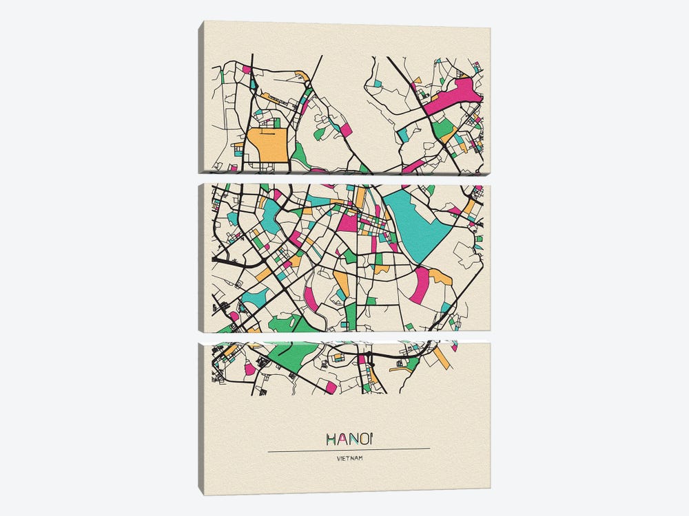 Hanoi, Vietnam Map by Ayse Deniz Akerman 3-piece Canvas Wall Art