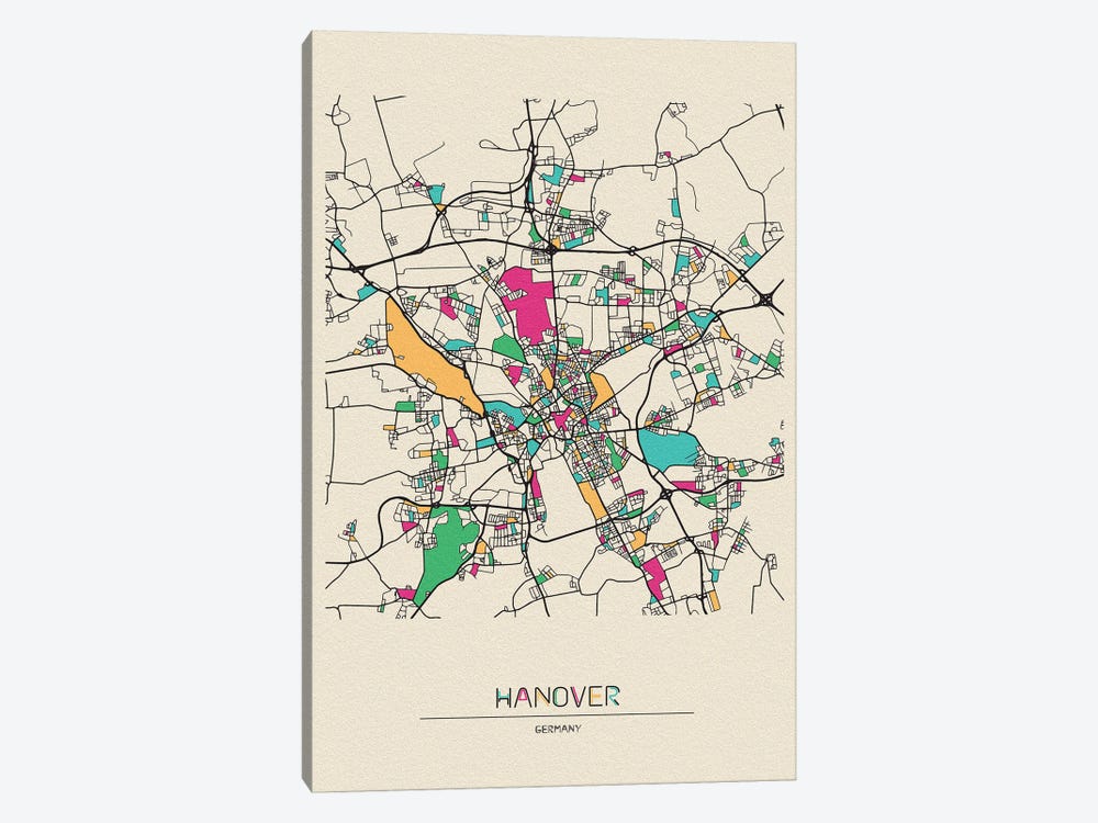 Hanover, Germany Map by Ayse Deniz Akerman 1-piece Canvas Art Print