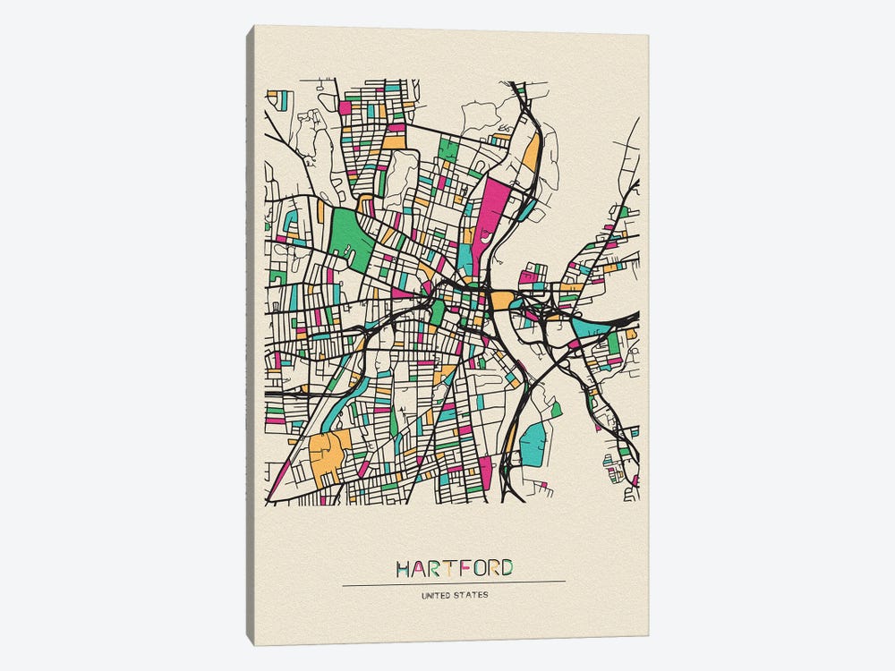 Hartford, Connecticut Map by Ayse Deniz Akerman 1-piece Canvas Wall Art