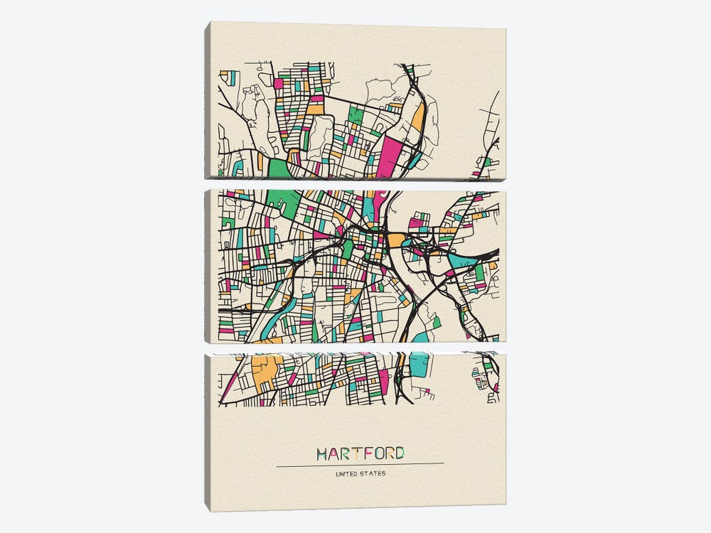 Hartford, Connecticut Map by Ayse Deniz Akerman 3-piece Canvas Artwork