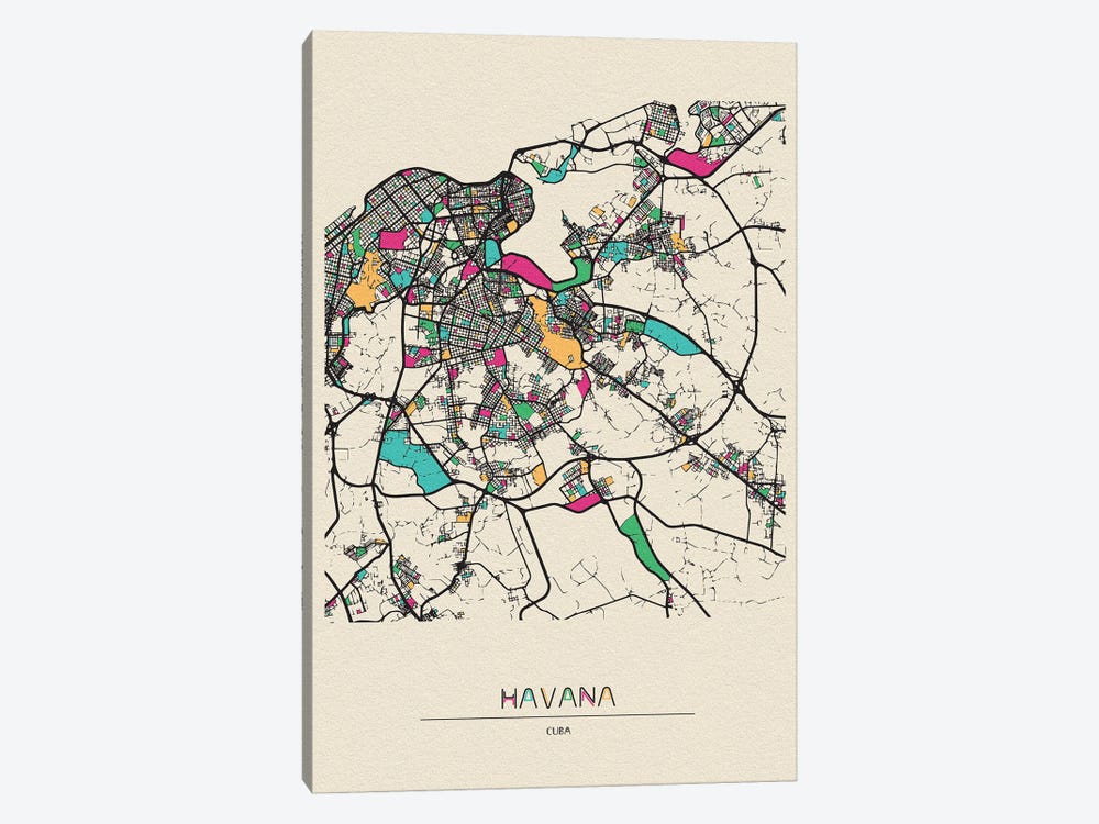 Havana, Cuba Map by Ayse Deniz Akerman 1-piece Canvas Print