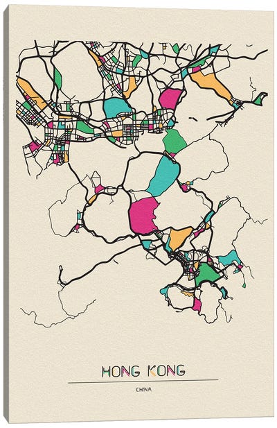 Hong Kong, China Map Canvas Art Print - City Maps