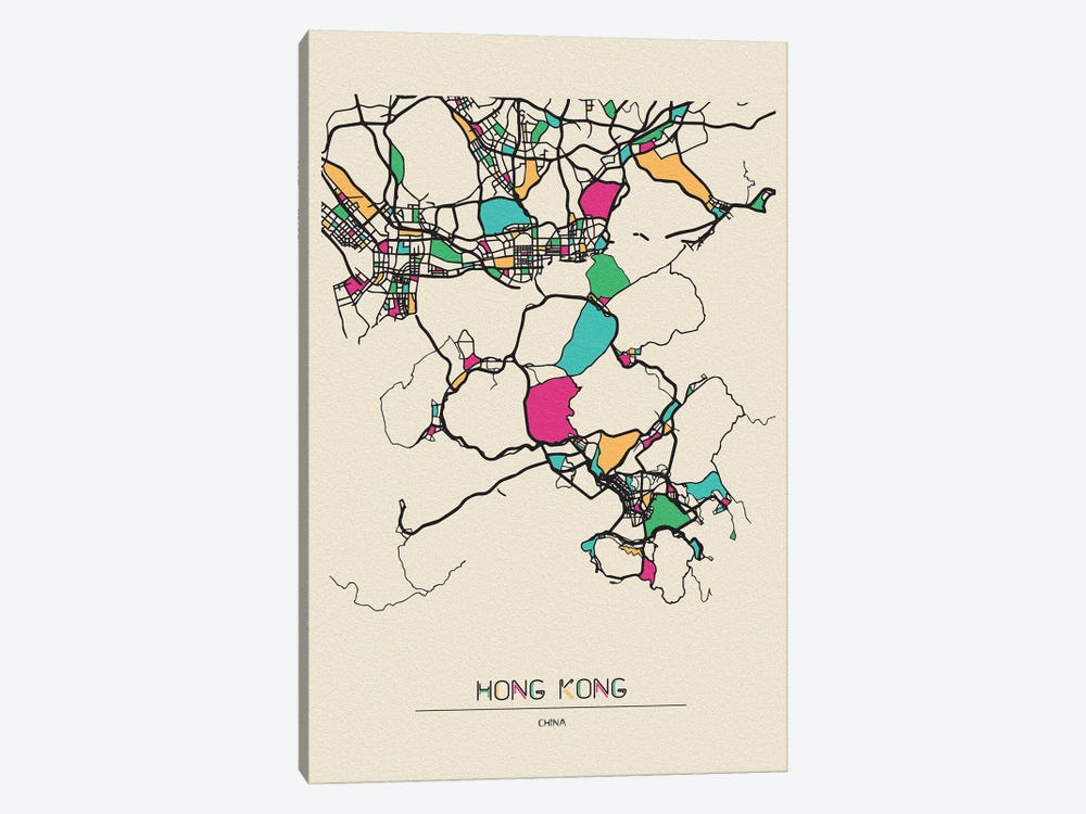 Hong Kong, China Map by Ayse Deniz Akerman 1-piece Canvas Art
