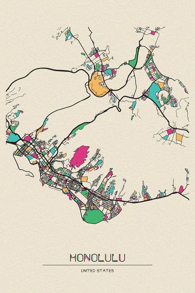 Honolulu, Hawaii Map by Ayse Deniz Akerman framed canvas print