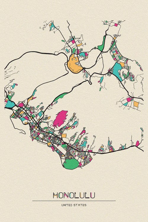 Honolulu, Hawaii Map by Ayse Deniz Akerman canvas print