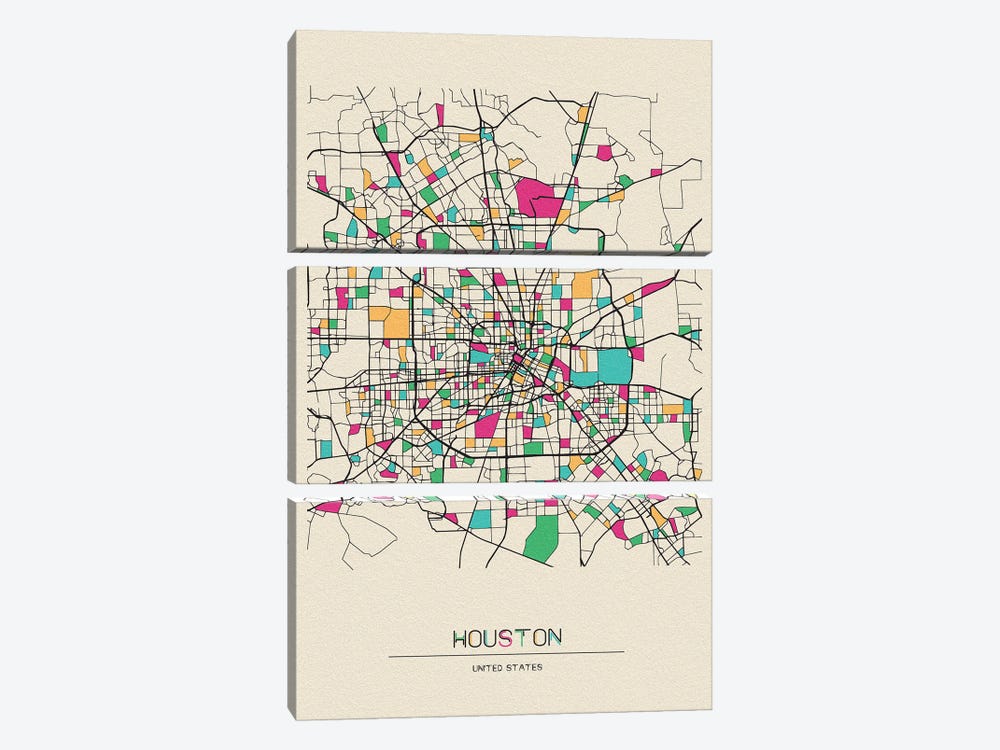 Houston, Texas Map by Ayse Deniz Akerman 3-piece Canvas Art