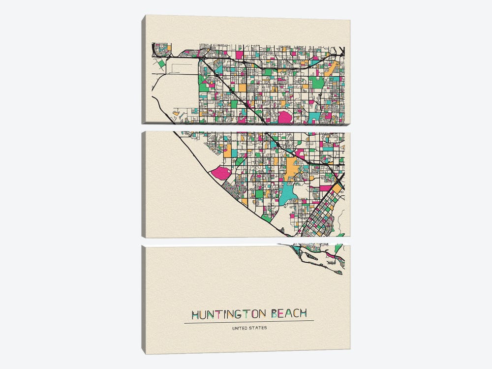 Huntington Beach, California Map by Ayse Deniz Akerman 3-piece Canvas Print