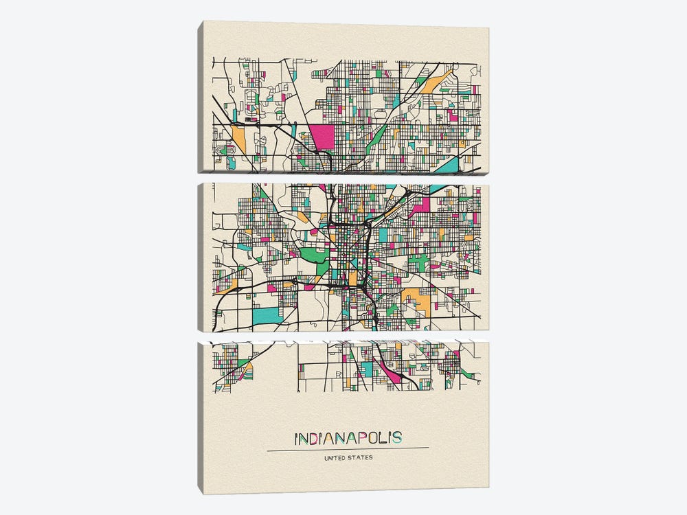 Indianapolis, Indiana Map by Ayse Deniz Akerman 3-piece Canvas Artwork