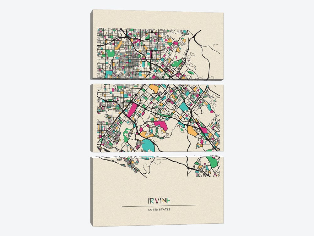 Irvine, California Map by Ayse Deniz Akerman 3-piece Canvas Print