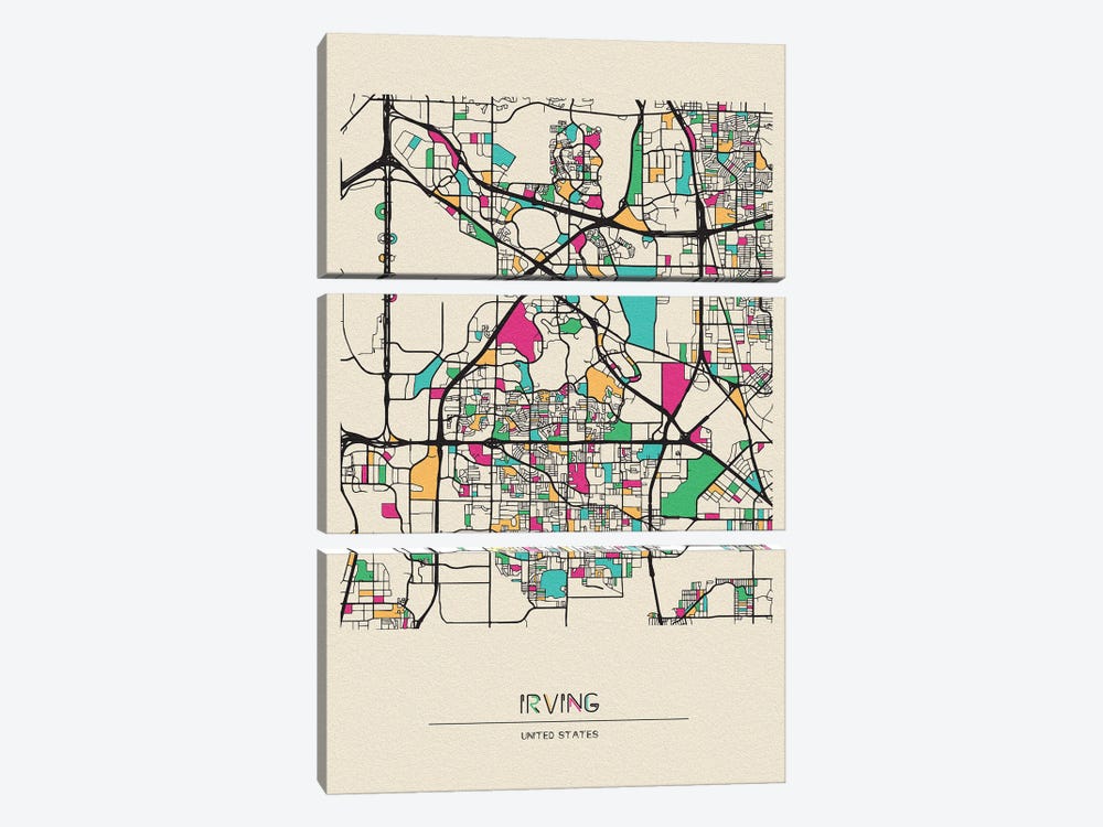 Irving, Texas Map by Ayse Deniz Akerman 3-piece Canvas Artwork