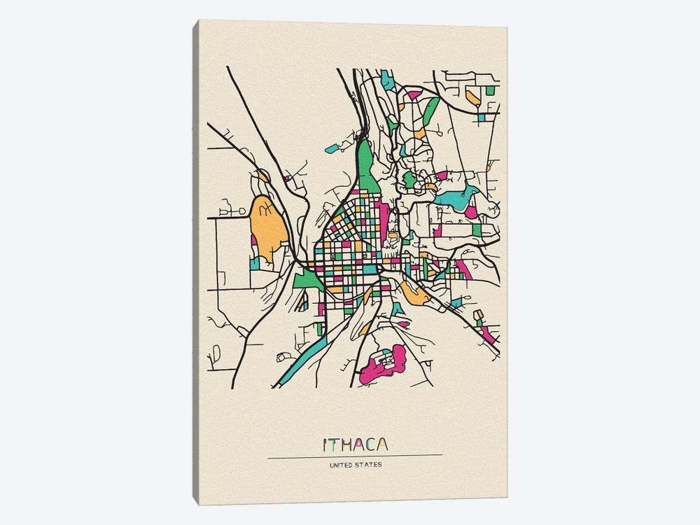 Ithaca, New York Map by Ayse Deniz Akerman 1-piece Canvas Artwork