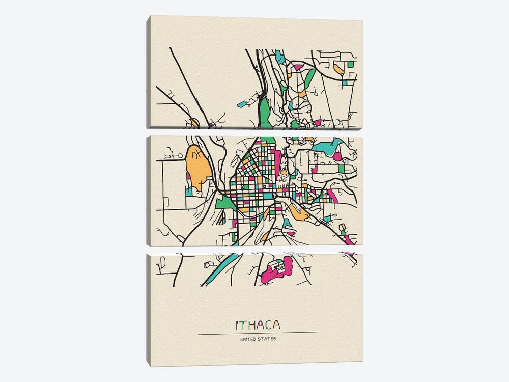 Ithaca, New York Map by Ayse Deniz Akerman 3-piece Canvas Art