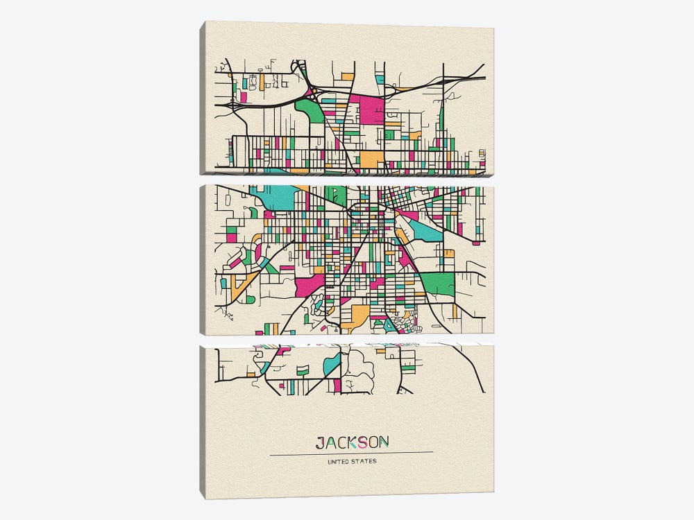 Jackson, Michigan Map by Ayse Deniz Akerman 3-piece Canvas Art Print