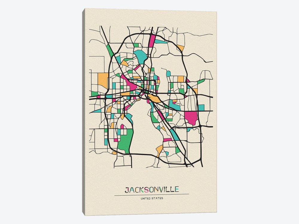 Jacksonville, Florida Map by Ayse Deniz Akerman 1-piece Canvas Print