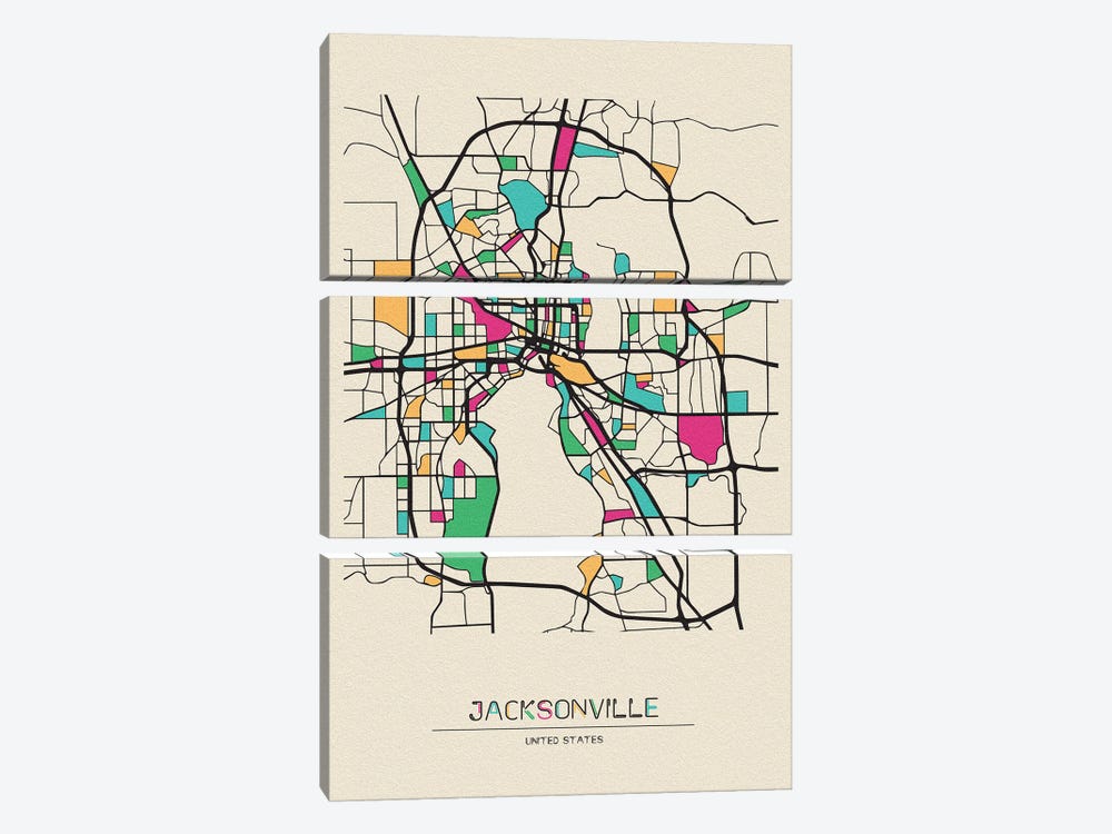 Jacksonville, Florida Map by Ayse Deniz Akerman 3-piece Art Print