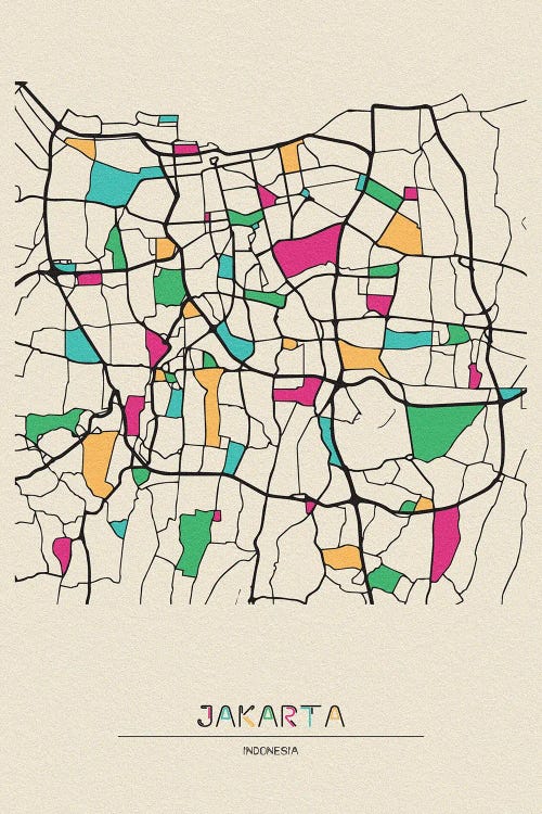 Jakarta, Indonesia Map by Ayse Deniz Akerman wall art