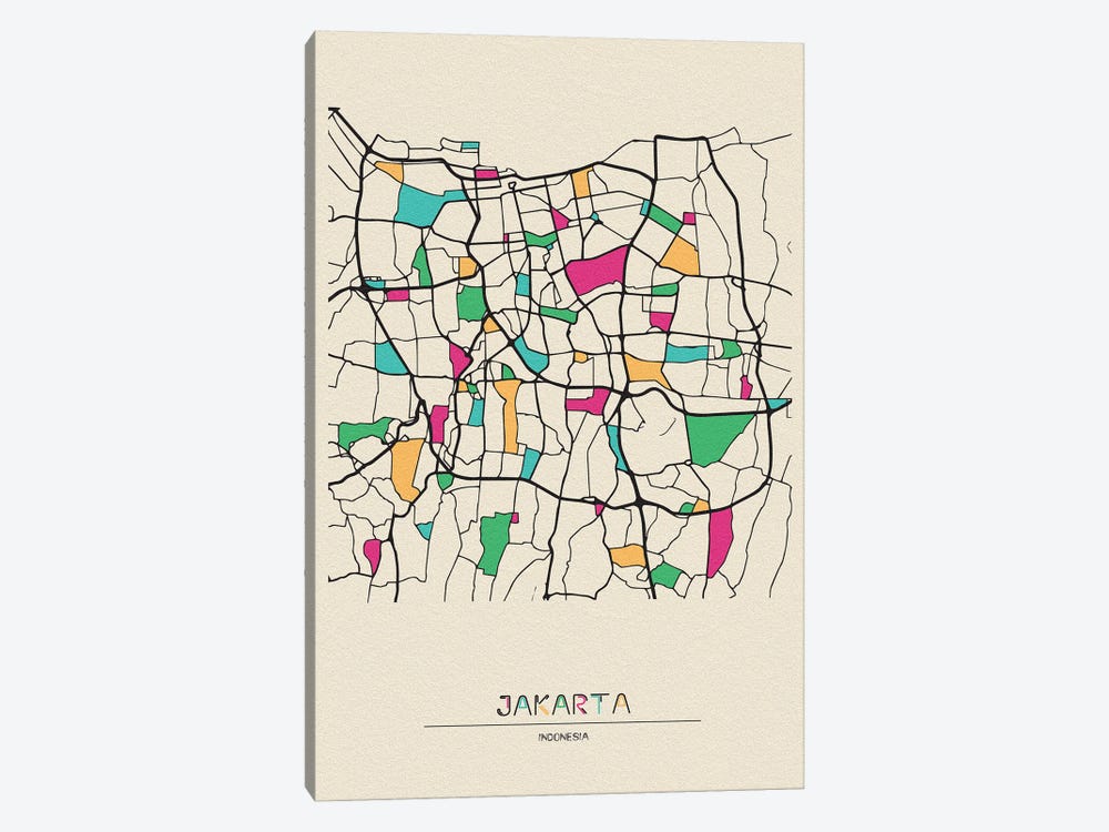 Jakarta, Indonesia Map by Ayse Deniz Akerman 1-piece Canvas Artwork