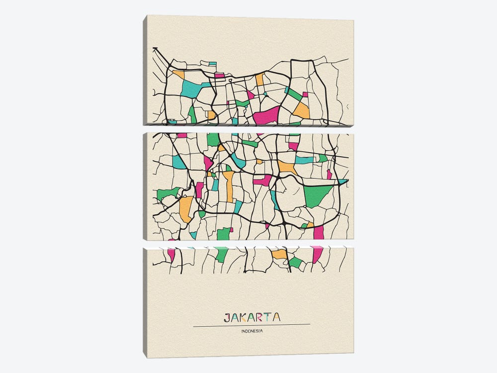 Jakarta, Indonesia Map by Ayse Deniz Akerman 3-piece Canvas Artwork