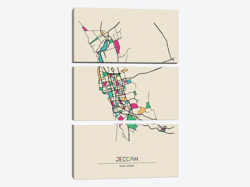 Jeddah, Saudi Arabia Map by Ayse Deniz Akerman 3-piece Canvas Art Print