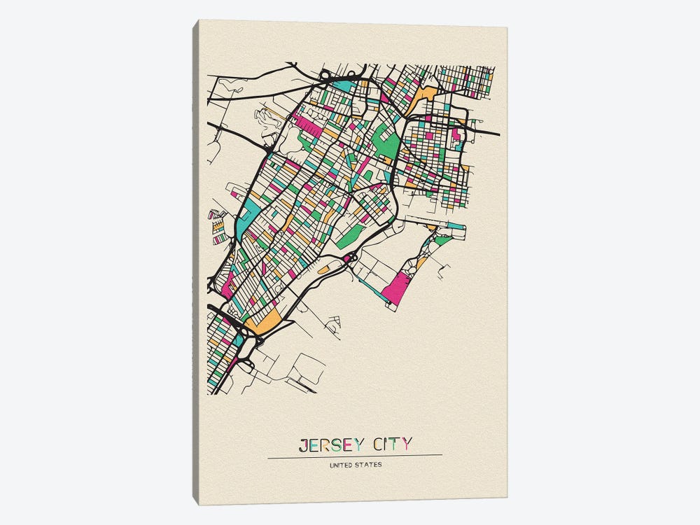 Jersey City, New Jersey Map by Ayse Deniz Akerman 1-piece Canvas Wall Art