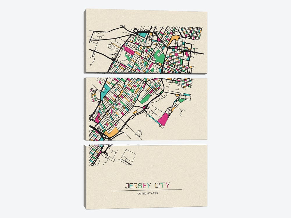 Jersey City, New Jersey Map by Ayse Deniz Akerman 3-piece Canvas Wall Art