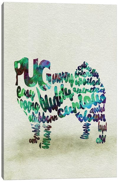Pug Canvas Art Print - Typographic Dogs