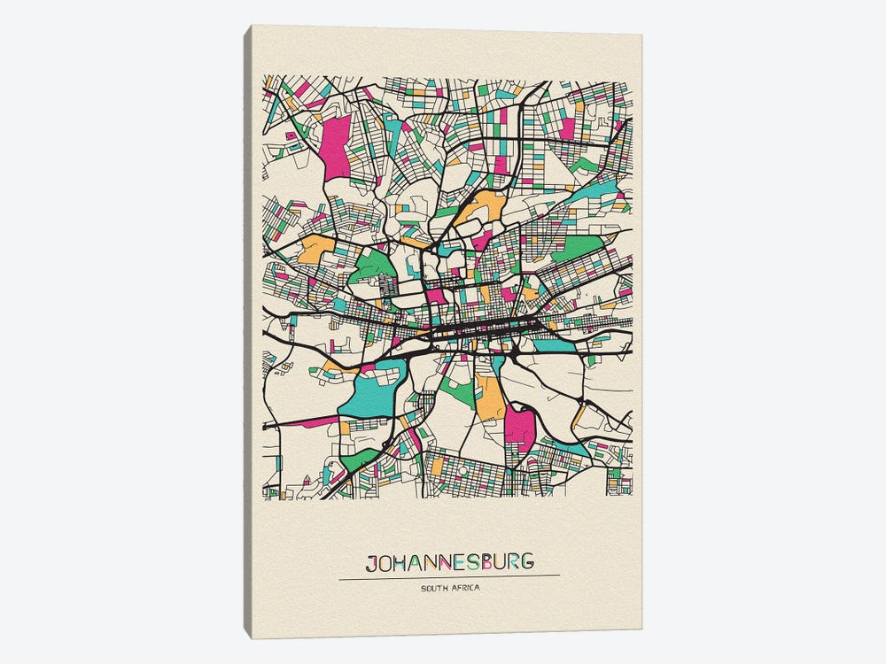 Johannesburg, South Africa Map by Ayse Deniz Akerman 1-piece Canvas Art Print