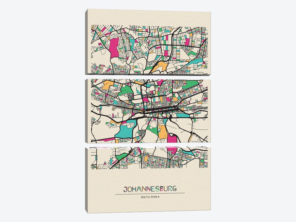 Johannesburg, South Africa Map by Ayse Deniz Akerman 3-piece Art Print