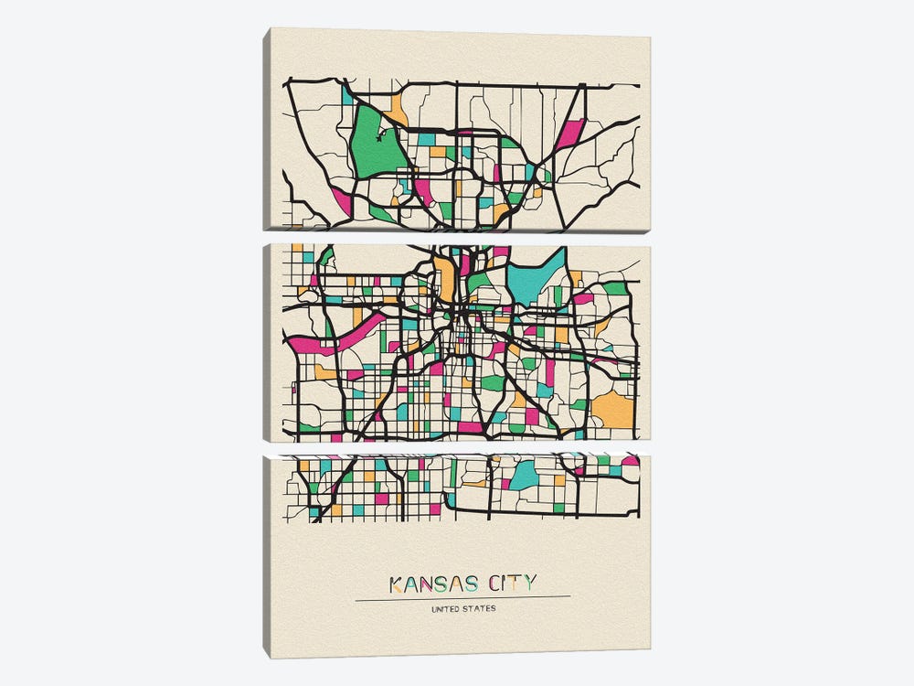 Kansas City, Missouri Map by Ayse Deniz Akerman 3-piece Canvas Artwork