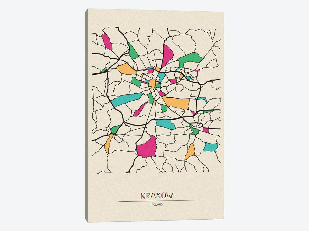 Krakow, Poland Map by Ayse Deniz Akerman 1-piece Canvas Art Print