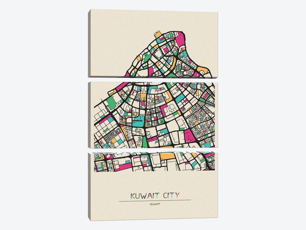 Kuwait City Map by Ayse Deniz Akerman 3-piece Canvas Art Print
