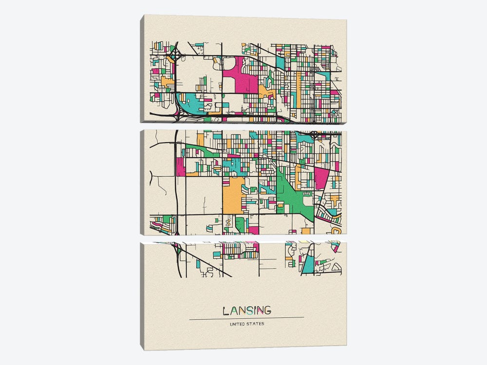Lansing, Michigan Map by Ayse Deniz Akerman 3-piece Canvas Print