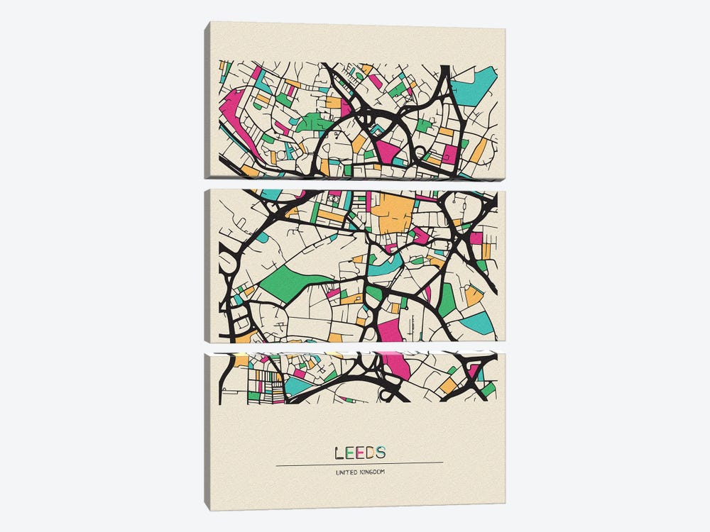 Leeds, England Map by Ayse Deniz Akerman 3-piece Canvas Art