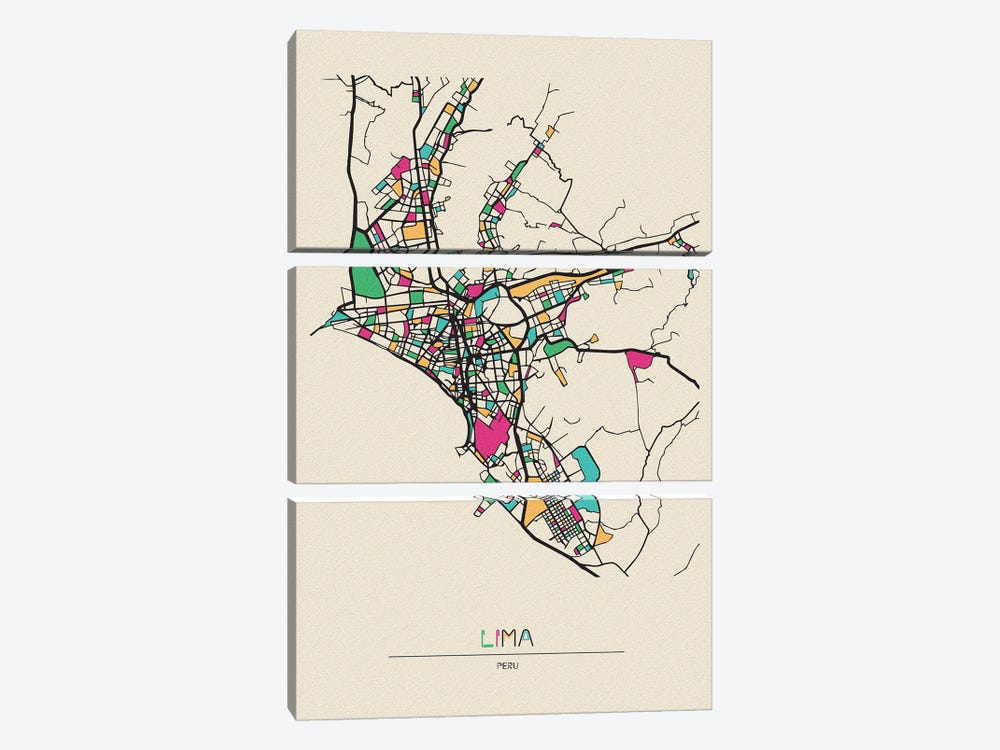 Lima, Peru Map by Ayse Deniz Akerman 3-piece Canvas Print