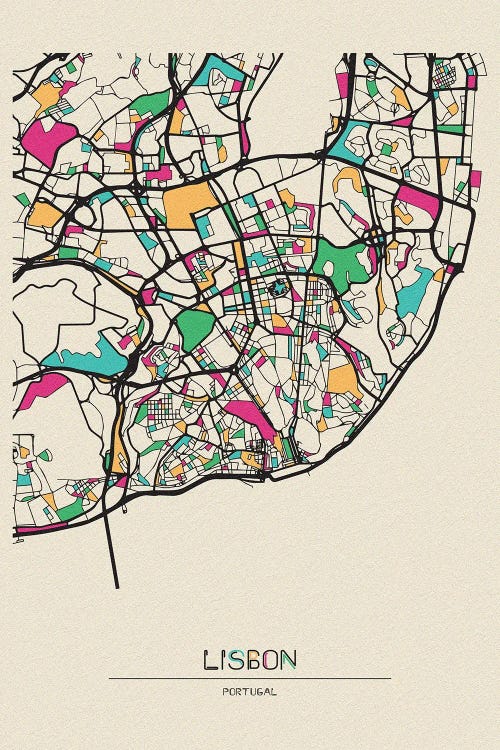 Lisbon, Portugal Map by Ayse Deniz Akerman wall art
