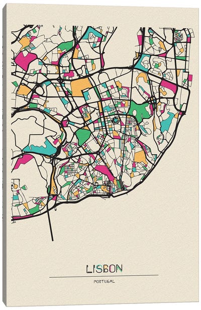 Lisbon, Portugal Map Canvas Art Print - Ayse Deniz Akerman
