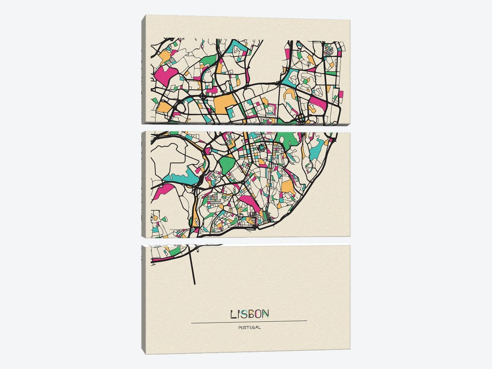 Lisbon, Portugal Map by Ayse Deniz Akerman 3-piece Canvas Print