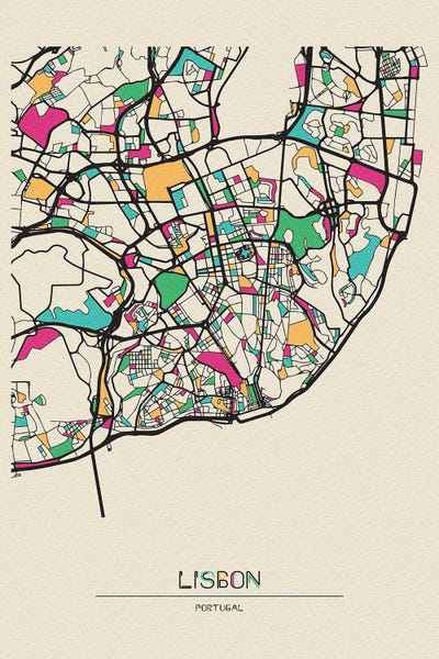 Large Map Art - Canvas Prints: Lisbon, Portugal Map by Ayse Deniz Akerman
